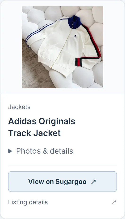 Jacket card on our spreadsheet page, with View on Sugargoo and Listing details buttons