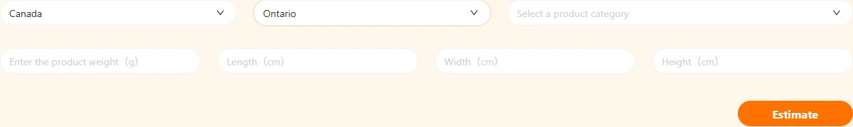Sugargoo shipping form with Canada and Ontario selected, and the category, weight and dimensions left blank