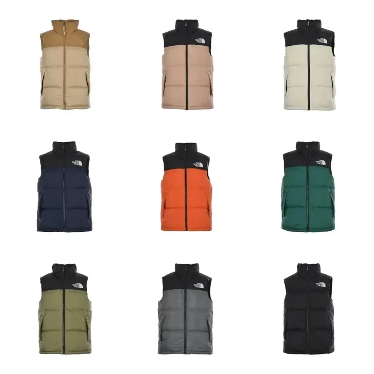 Nine puffer vests in different colours on a white background