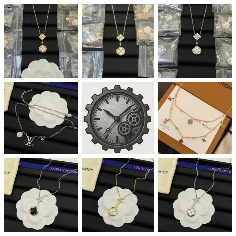 Different necklaces and jewellery designs in a source collage